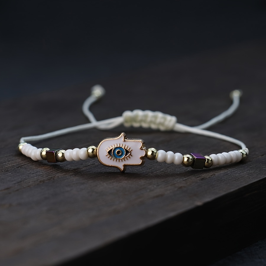 Boho Fatima Eye Charm Bracelet Nylon Rope Seed Bead Jewelry